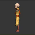 Bald Head Child With Orange Cape Yellow Pants And Red Shoes Standing With Arms Outstretched