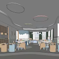 Bright Kindergarten Interior Design With Children's Tables Chairs Cloud Decorations And Ceiling Lights