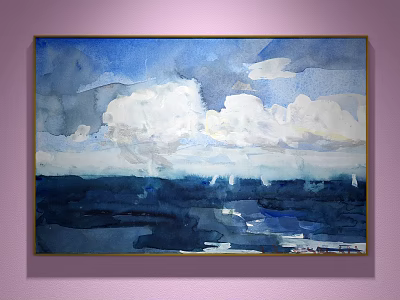 Abstract Painting With Blue White Clouds Deep Blue Ocean And Sailboat Silhouettes On Pink Wall 3d model
