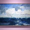 Abstract Painting With Blue White Clouds Deep Blue Ocean And Sailboat Silhouettes On Pink Wall