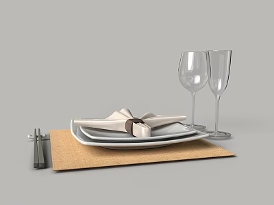 Stylish Tableware Combination With White Plates Folded Napkins Wine Glasses Placemat And Utensil Holder 3d model