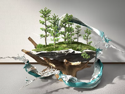 Natural Garden Ornament Featuring Small Trees Green Grass And Blue Flowing Decorations On Root Base 3d model