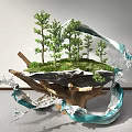 Natural Garden Ornament Featuring Small Trees Green Grass And Blue Flowing Decorations On Root Base