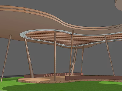 Wooden Pergola With Wavy Roof And Support Columns On Grass Platform 3d model