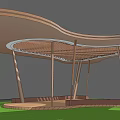 Wooden Pergola With Wavy Roof And Support Columns On Grass Platform