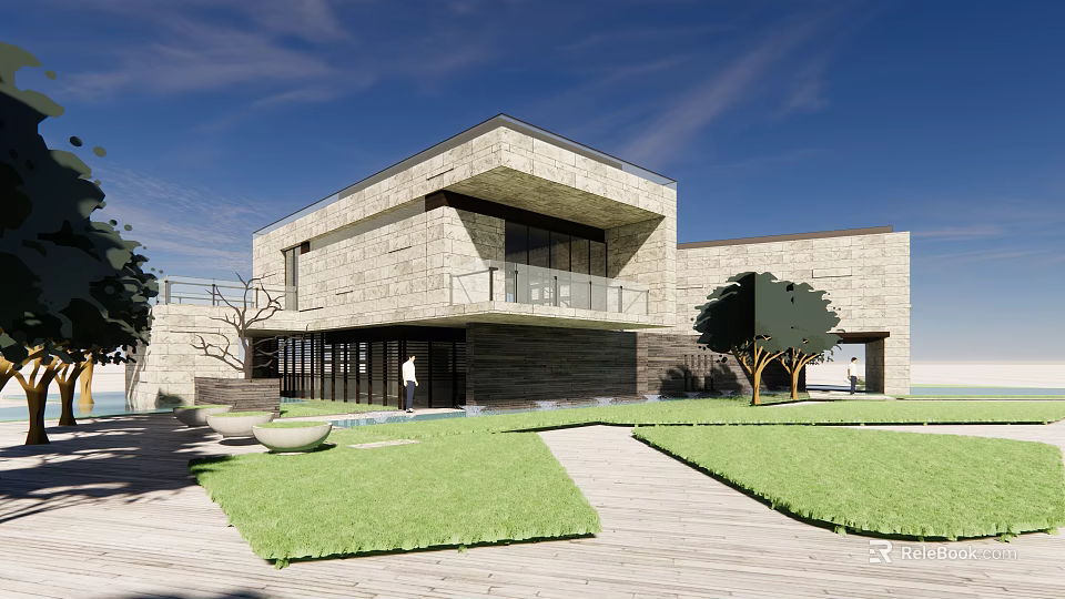 Modern Office Building With Stone Facade Large Windows Balcony And Lush Lawn Trees 3d model 