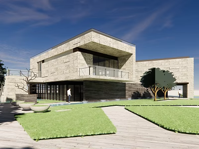 Modern Office Building With Stone Facade Large Windows Balcony And Lush Lawn Trees 3d model