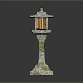 Vintage Japanese Stone Lantern With Moss Covered Base And Wooden Lattice Design