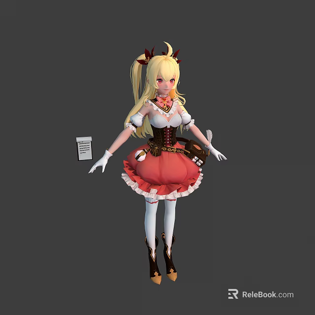 Anime Style 3D Model Character With Blonde Twin Ponytails And Red Frilled Skirt 3d model 