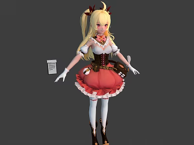 Anime Style 3D Model Character With Blonde Twin Ponytails And Red Frilled Skirt 3d model
