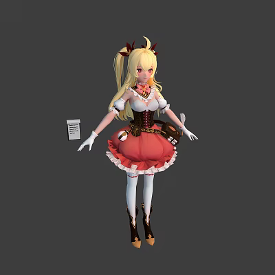 Anime Style 3D Model Character With Blonde Twin Ponytails And Red Frilled Skirt 3d model