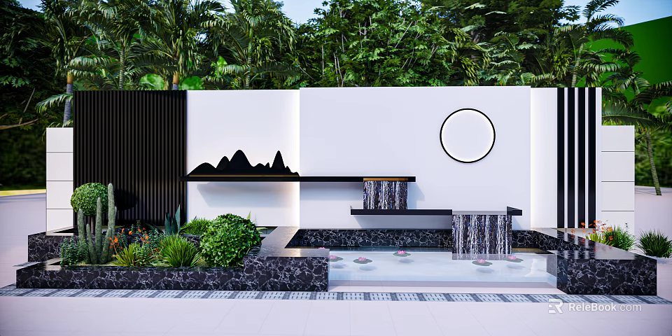 White Wall Design With Black Accent Circular Ornament Waterfall Feature And Stone Platform 3d model