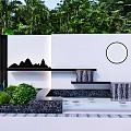 White Wall Design With Black Accent Circular Ornament Waterfall Feature And Stone Platform 3d model