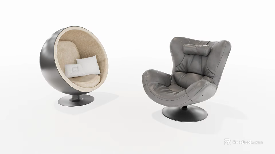 Modern Single Sofa Designs with Beige and Grey Upholstery White Cushion and Black Base 3d model 