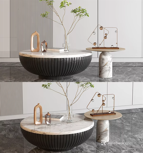 Round Marble Top Coffee Table With Black Ribbed Base And Modern Decor Items 3d model 