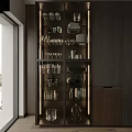Modern Dark Wood Kitchen Interior With Central Island And Display Shelves