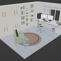 Cartoon Style Home Office Interior With Bookshelf Desk Computer Green Chair And Round Rug