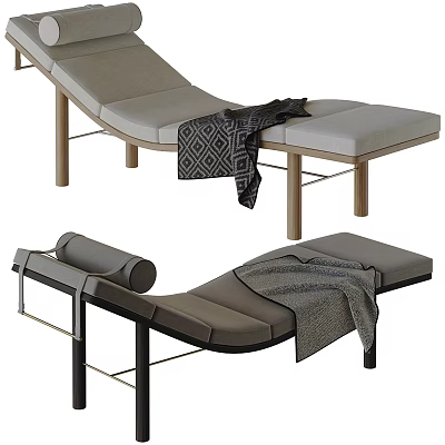 Stylish Light and Dark Gray Chaise Lounges with Wooden and Metal Legs and Patterned Blankets 3d model