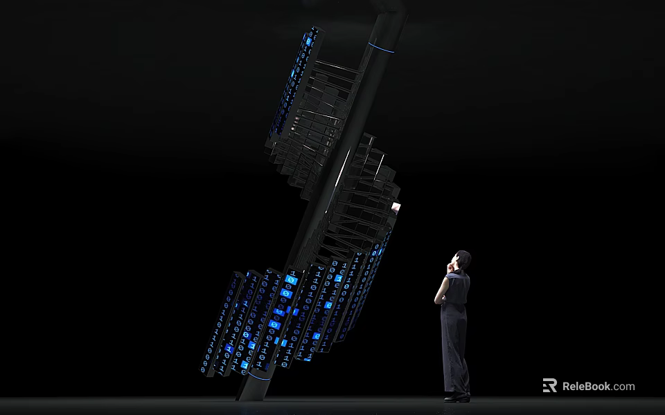Tall Zigzag Structure With Blue Illuminated Modules And Person Observing 3d model 