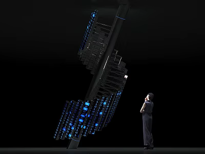Tall Zigzag Structure With Blue Illuminated Modules And Person Observing 3d model
