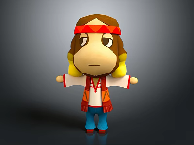 Cartoon Animal Character With Brown Fur Red White Top Blue Pants And Yellow Headband Decorations 3d model