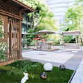 Serene Garden Featuring Wooden Pavilion Stone Paved Courtyard Outdoor Tables And Green Plants