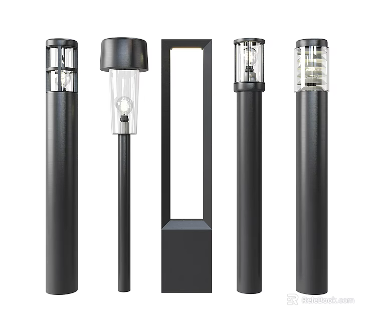 Modern Black Outdoor Pillar Lights With Various Designs And Transparent Lampshades 3d model 