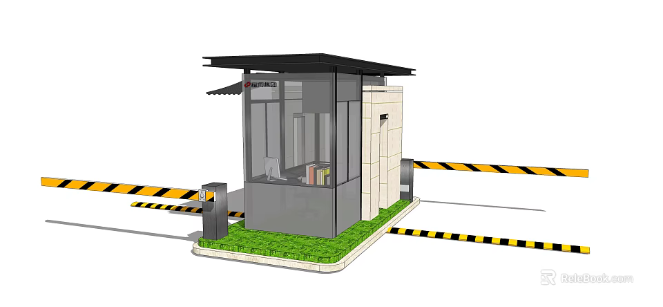 Modern Security Booth With Glass Structure And Yellow Black Warning Tape On Grass Area 3d model 