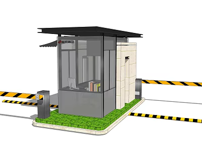 Modern Security Booth With Glass Structure And Yellow Black Warning Tape On Grass Area 3d model