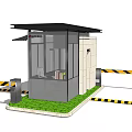 Modern Security Booth With Glass Structure And Yellow Black Warning Tape On Grass Area