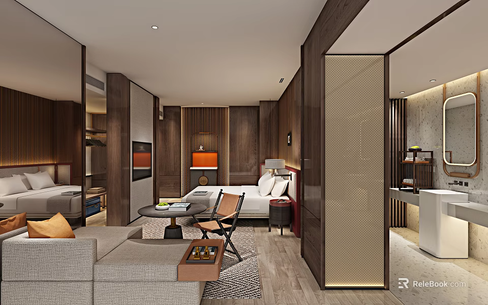 Hotel Room Interior With Wooden Decor Sofa Bed Coffee Table Orange Lamp And Spacious Layout 3d model 
