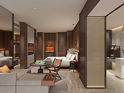 Hotel Room Interior With Wooden Decor Sofa Bed Coffee Table Orange Lamp And Spacious Layout 3d model