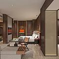 Hotel Room Interior With Wooden Decor Sofa Bed Coffee Table Orange Lamp And Spacious Layout