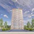Modern High Rise Residential Building Surrounded by Trees Under Blue Sky