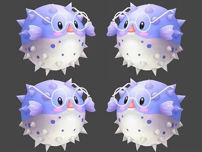 Cute Purple Blue Pufferfish Game Character With Glasses Spikes And Big Eyes Blush 3d model