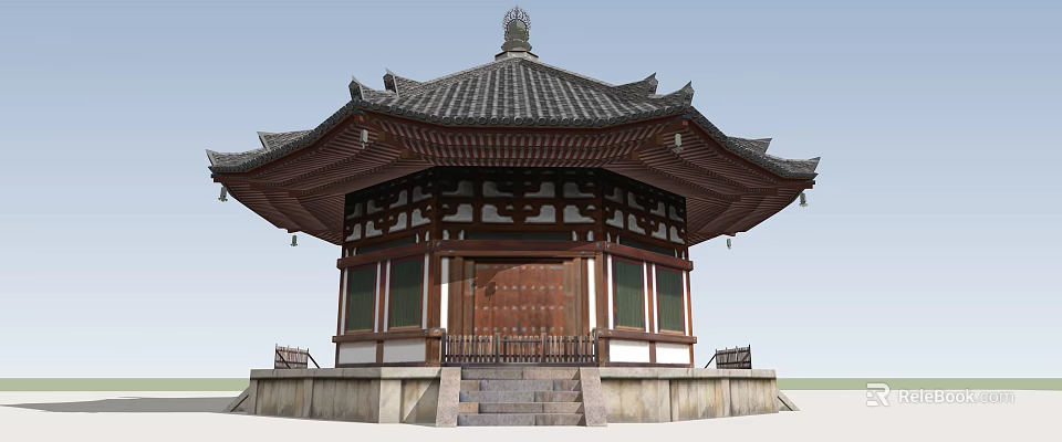 Traditional Ancient Architecture with Curved Eaves Wooden Roof and Stone Steps 3d model 