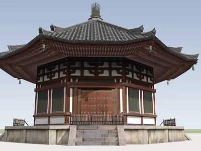 Traditional Ancient Architecture with Curved Eaves Wooden Roof and Stone Steps 3d model
