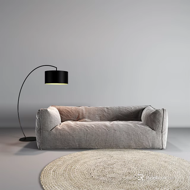 Modern Minimalist Gray Large Sofa With Black Floor Lamp And Light Colored Rug 3d model 