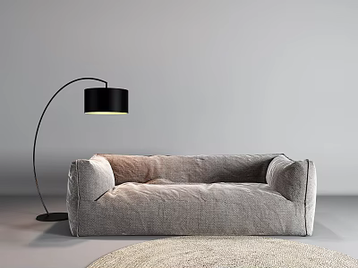 Modern Minimalist Gray Large Sofa With Black Floor Lamp And Light Colored Rug 3d model