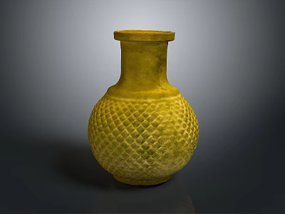 Artisan Yellow Sculpted Vase With Intricate Diamond Pattern Round Body Carving 3d model