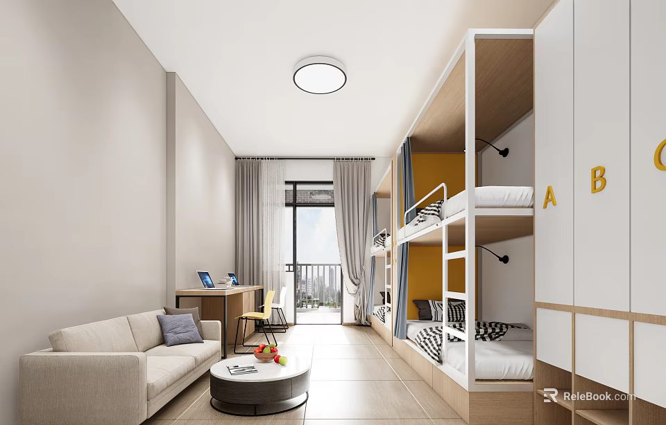 Modern Dormitory Room With Sofa Coffee Table Desk Bunk Bed And Letters A B 3d model 
