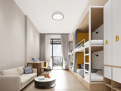 Modern Dormitory Room With Sofa Coffee Table Desk Bunk Bed And Letters A B 3d model