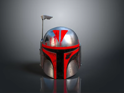 Mandalorian Weapon Helmet with Silver Metallic Reflective Surface Red V Symbol and Antenna 3d model