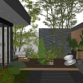 Modern Courtyard Garden with Wooden Deck White Seating Green Plants Trees Glass Doors and Gravel Path