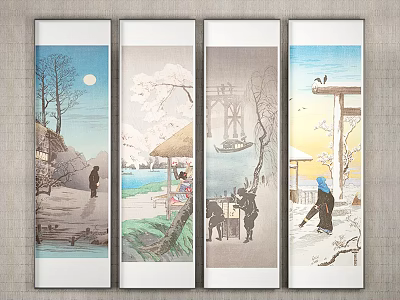 Traditional Japanese Paintings With Seasonal Scenes Nature And Human Figures 3d model