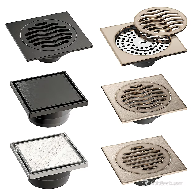 Bathroom Floor Drains In Multiple Styles With Decorative Patterns And Square Shape 3d model 