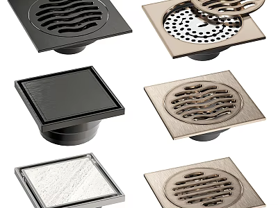 Bathroom Floor Drains In Multiple Styles With Decorative Patterns And Square Shape 3d model