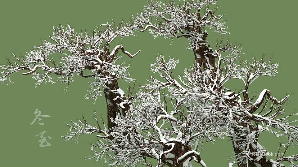 Snow Covered Arbor Trees With Intertwined Branches Brown Trunks And Green Background 3d model