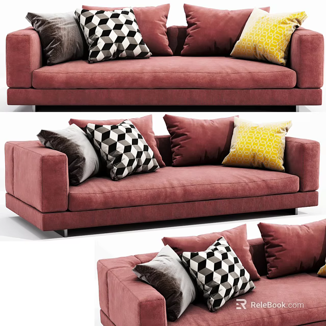 Modern Red Sectional Sofa With Colorful Patterned Pillows And Comfortable Design 3d model