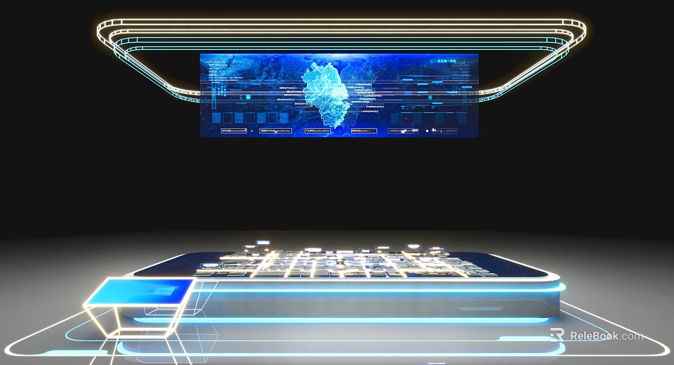 Futuristic Digital Interface With Blue Data Visualization And Glowing Control Panel 3d model 